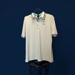 PXG Men’s Premium Luxury Cream Golf Polo with Edgy Teal and Black Trim